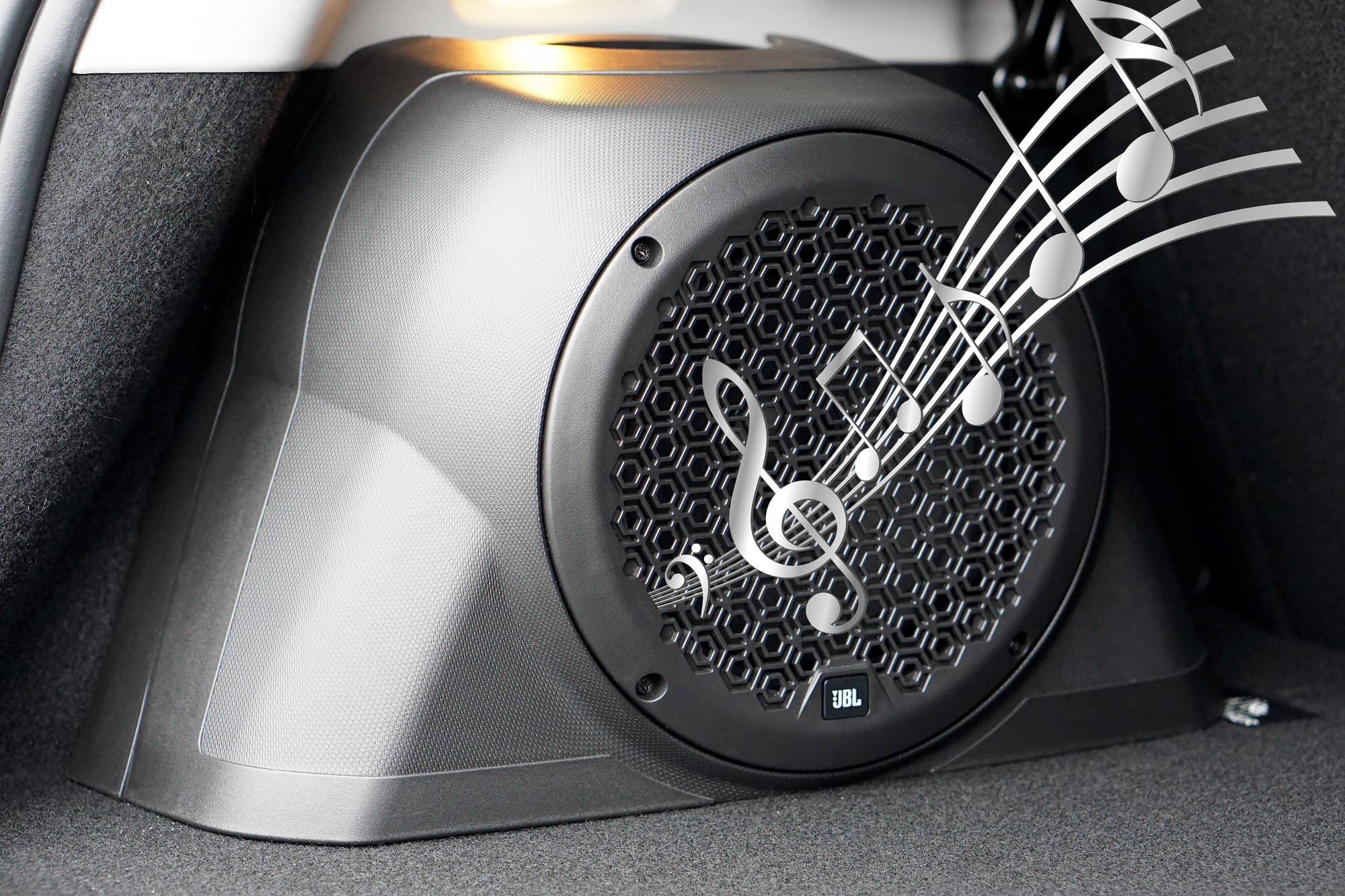 car speaker with music notes
